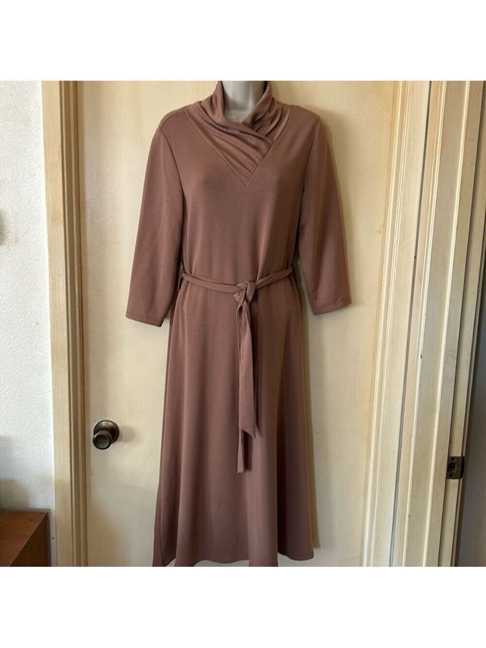 Calvin Klein tan jersey cowl neck dress with tie belt size M